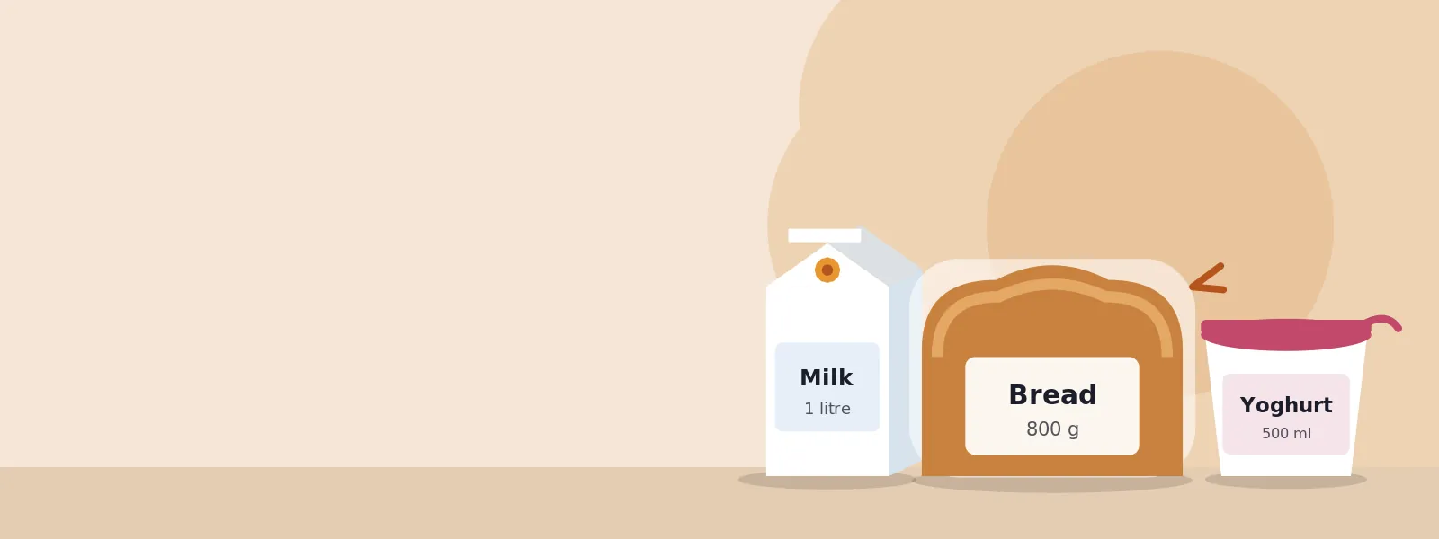 Bread, milk and yoghurt on a warm orange background