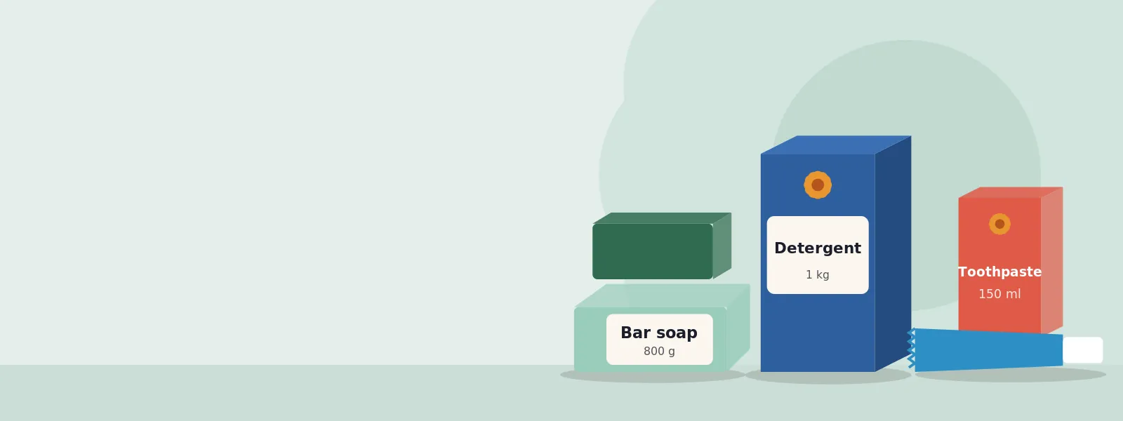 Soap, washing powder and toothpaste on a green background