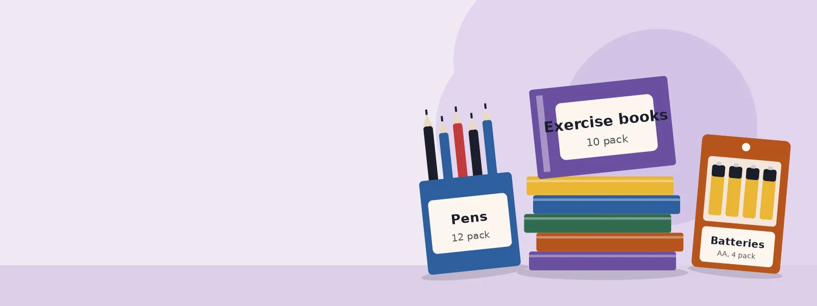 Pens, exercise books and batteries on a purple background