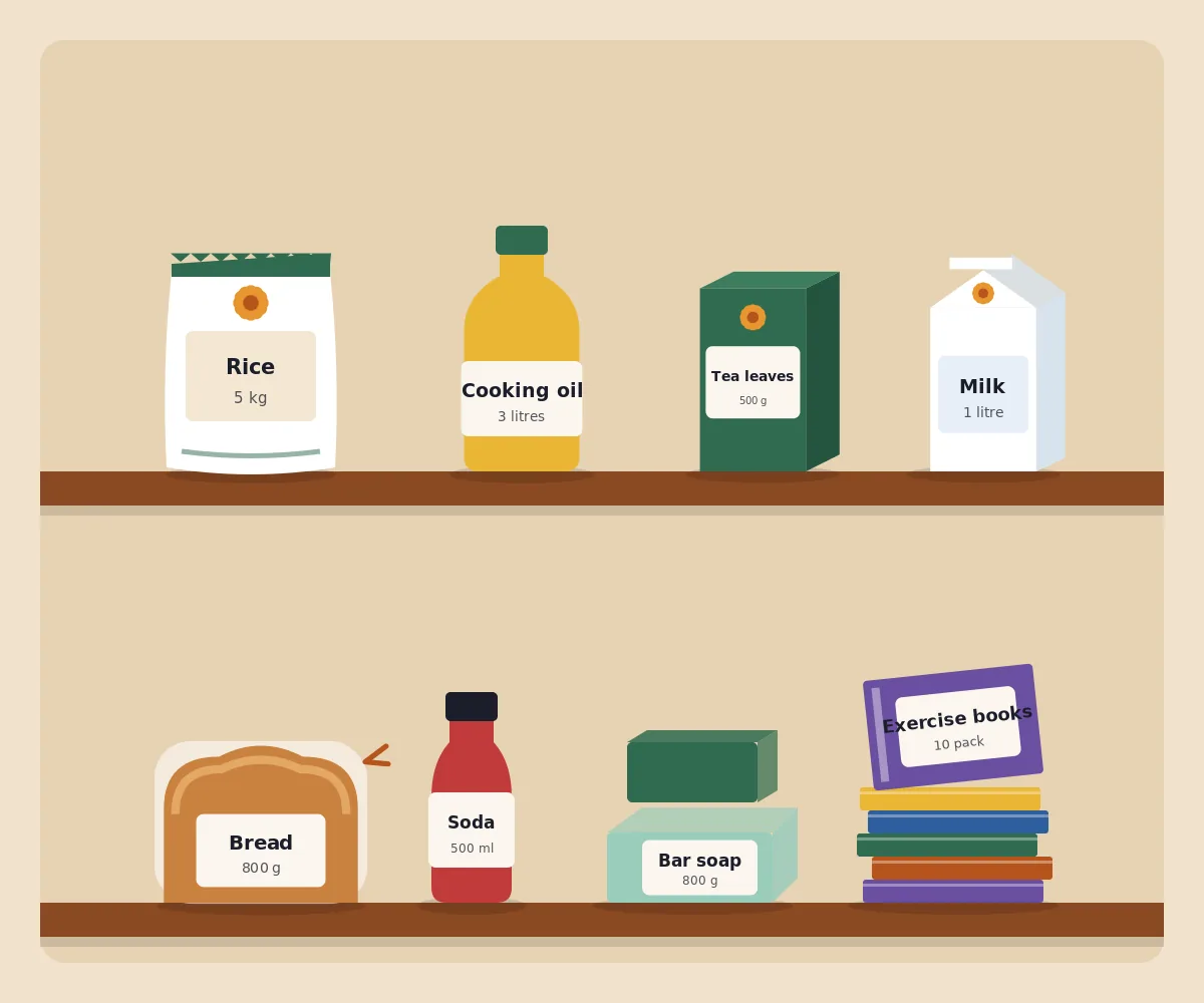Shelves at a Marigold shop with rice, cooking oil, tea, milk, bread, soda, soap and exercise books